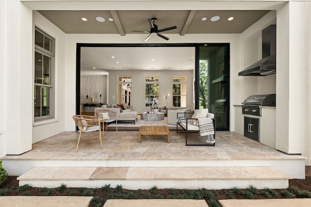 view of patio featuring outdoor lounge area, ceiling fan, and area for grilling