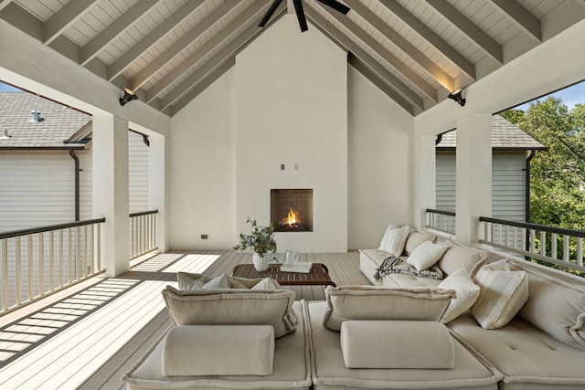 view of patio / terrace featuring an outdoor living space with a fireplace