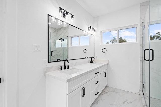 4124 Bucks St, Houston, TX 77020 - bathroom with marble look tiles, double vanity, and a marble finish shower