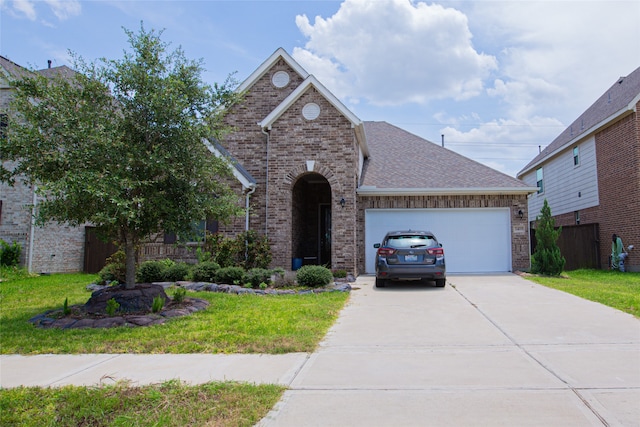 view of front of house featuring a garage and a front lawn