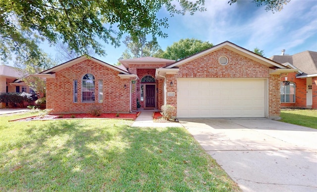 ranch-style house featuring a front yard and a garage