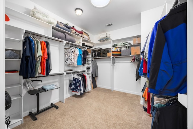 walk in closet with light colored carpet