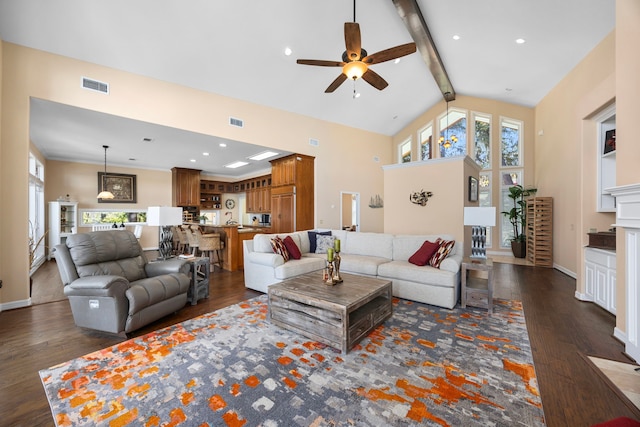 living room featuring beamed ceiling, ceiling fan, dark wood-type flooring, and high vaulted ceiling