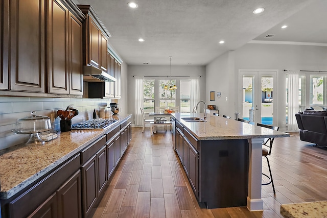 kitchen featuring dark hardwood / wood-style flooring, sink, dark brown cabinets, and an island with sink