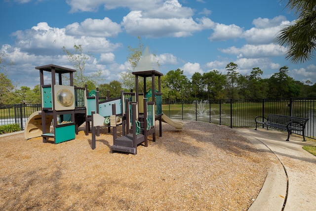 view of play area featuring a water view