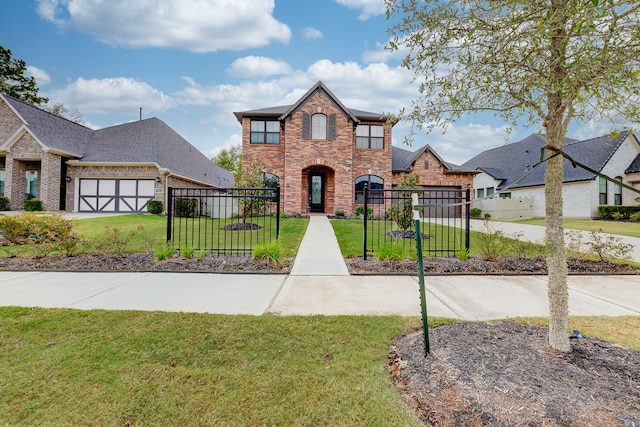 view of front of home with a garage and a front lawn