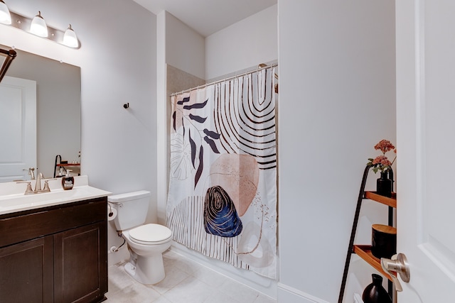 bathroom featuring tile patterned flooring, vanity, toilet, and a shower with shower curtain