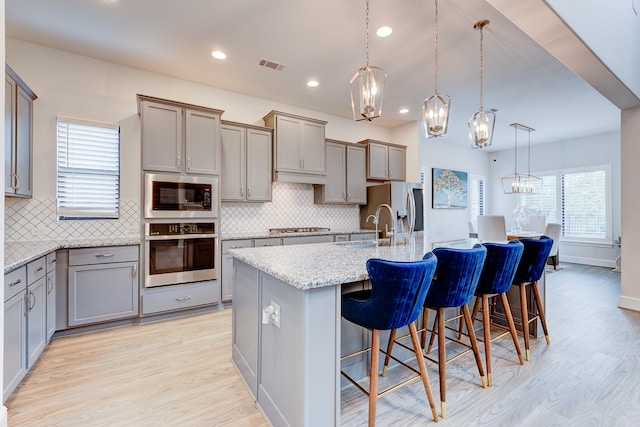 kitchen with decorative backsplash, decorative light fixtures, stainless steel appliances, and an island with sink