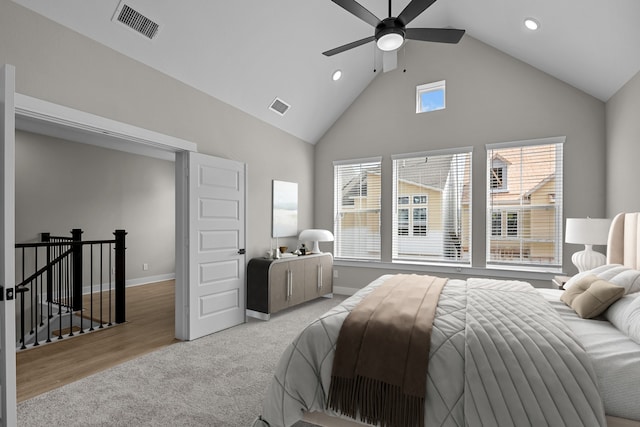 16022 Mason Run Dr, Houston, TX 77079 - carpeted bedroom with baseboards, high vaulted ceiling, visible vents, and recessed lighting