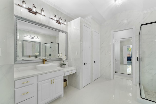 bathroom featuring vanity, an enclosed shower, tile walls, and ornamental molding