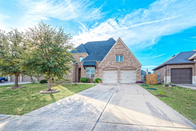 view of front of home featuring a front yard and a garage