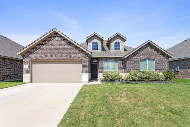 view of front of property featuring a front lawn and a garage