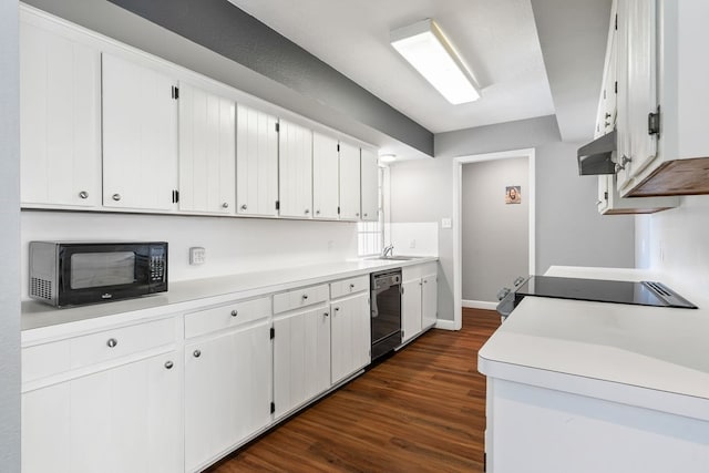 kitchen featuring black appliances, sink, white cabinets, and dark wood-type flooring