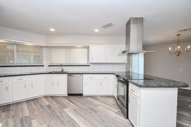 kitchen featuring white cabinetry, sink, island range hood, and appliances with stainless steel finishes