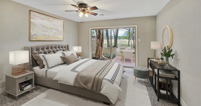 bedroom featuring ceiling fan, access to exterior, and light carpet