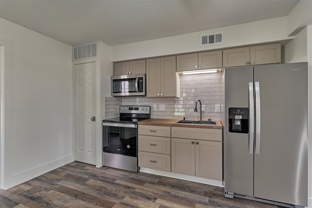 kitchen with wood counters, dark wood-type flooring, sink, decorative backsplash, and stainless steel appliances