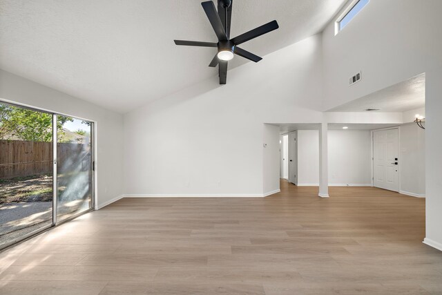 unfurnished living room with ceiling fan, high vaulted ceiling, and light hardwood / wood-style floors