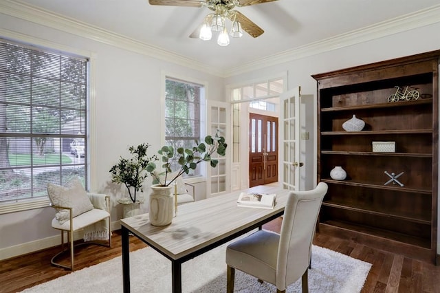 office area featuring ceiling fan, dark hardwood / wood-style flooring, french doors, and ornamental molding