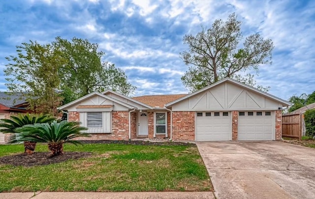 ranch-style home featuring a front yard and a garage