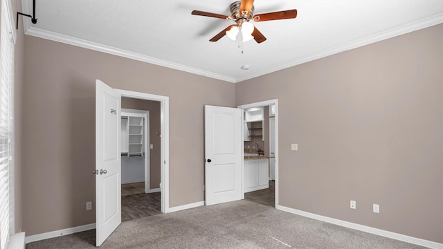 unfurnished bedroom featuring carpet, a walk in closet, ceiling fan, crown molding, and sink