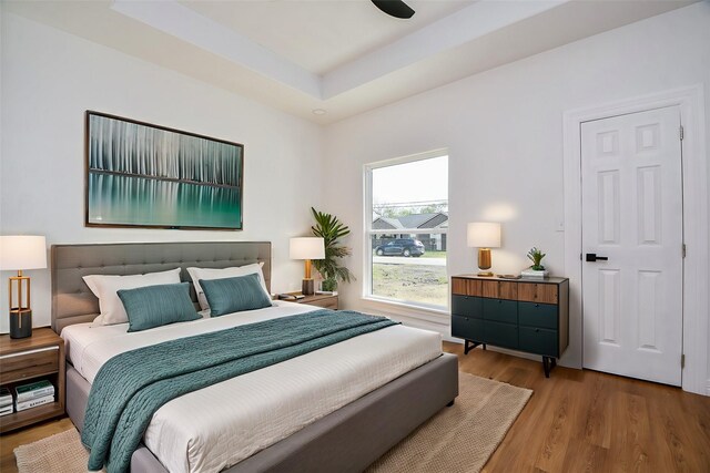 bedroom featuring a raised ceiling and wood-type flooring