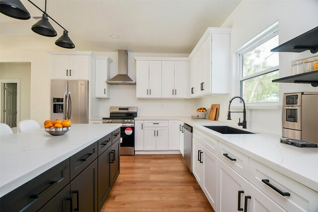 kitchen with wall chimney exhaust hood, sink, hanging light fixtures, stainless steel appliances, and white cabinets