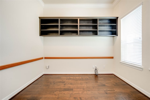 interior space featuring wood-type flooring and crown molding