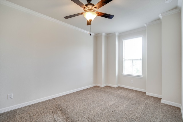 carpeted spare room with ceiling fan and crown molding