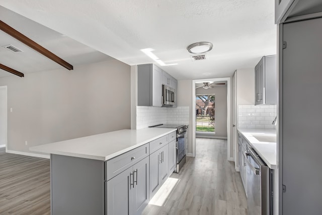 kitchen with light wood-type flooring, backsplash, stainless steel appliances, and gray cabinetry