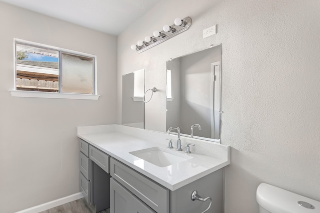 bathroom with vanity, toilet, and wood-type flooring