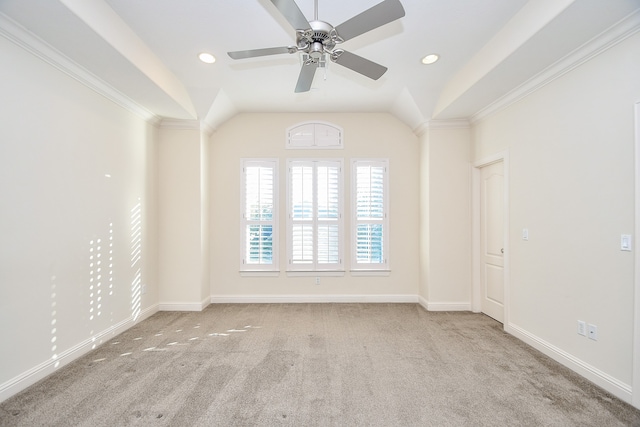 empty room with light carpet, ceiling fan, and crown molding