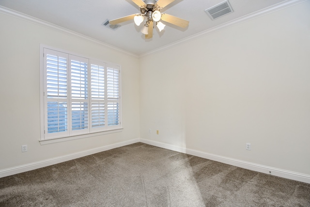 unfurnished room featuring ceiling fan, carpet floors, and ornamental molding