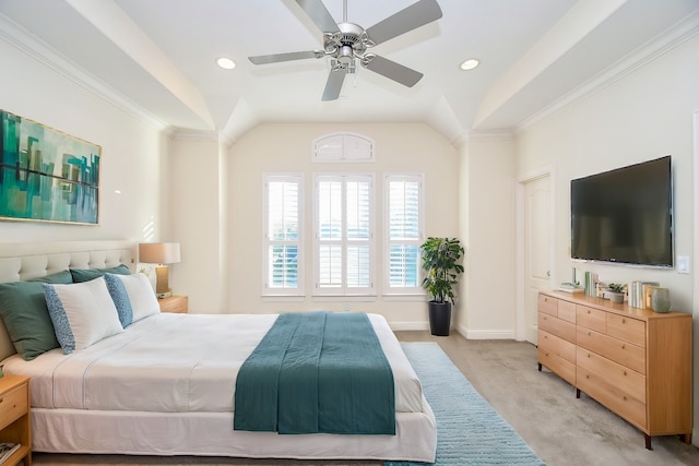 bedroom featuring ceiling fan, light colored carpet, and ornamental molding