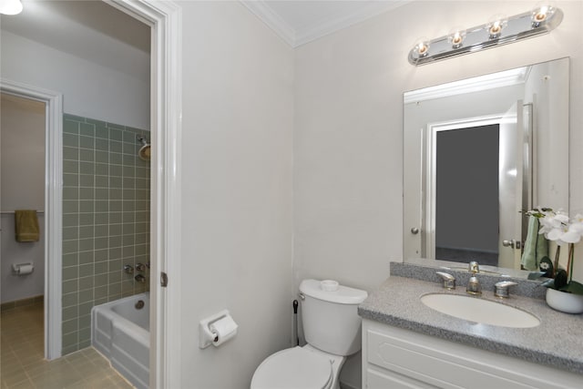 full bathroom with crown molding, vanity, tiled shower / bath combo, and toilet