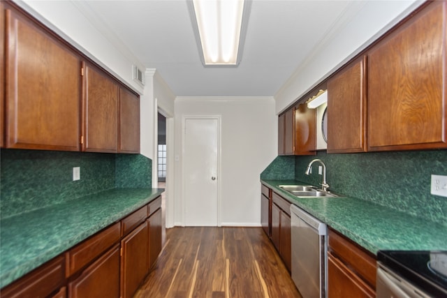 kitchen featuring decorative backsplash, stainless steel dishwasher, ornamental molding, dark wood-type flooring, and sink