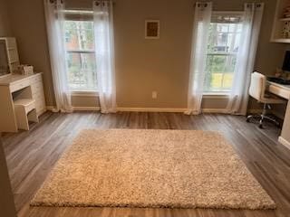 interior space with dark hardwood / wood-style flooring, plenty of natural light, and built in desk