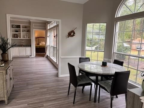 dining area featuring built in shelves, light wood-type flooring, and a healthy amount of sunlight