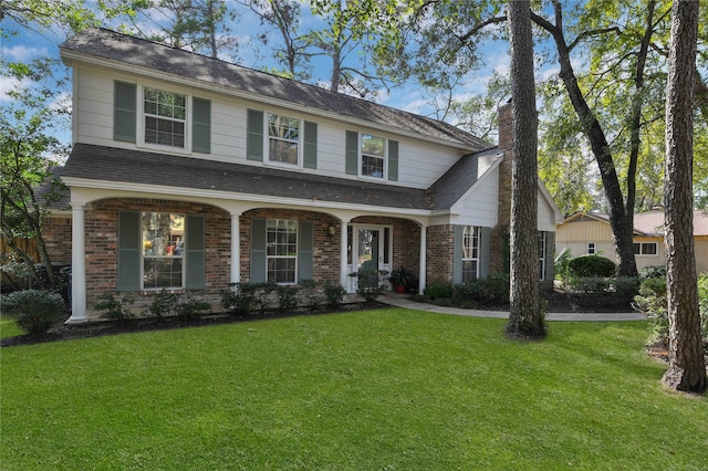 view of front of home featuring covered porch and a front lawn