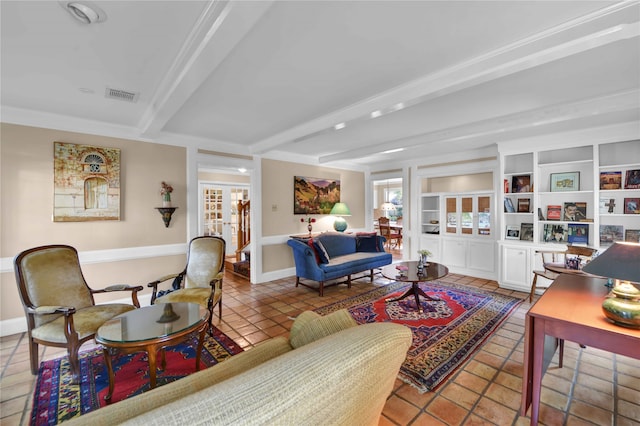 tiled living room featuring beam ceiling and built in features