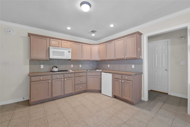 kitchen featuring tasteful backsplash, crown molding, a textured ceiling, white appliances, and light tile patterned floors