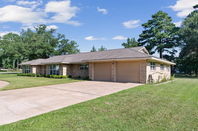 ranch-style home with a front lawn and a garage