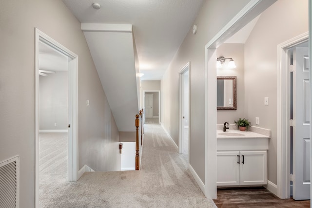 hall featuring sink and carpet floors