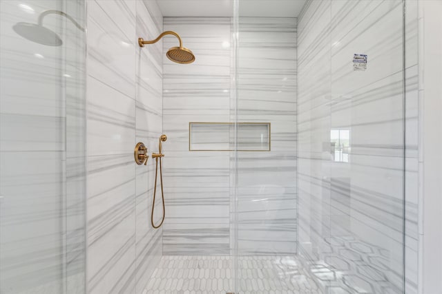 bathroom with a shower with shower door