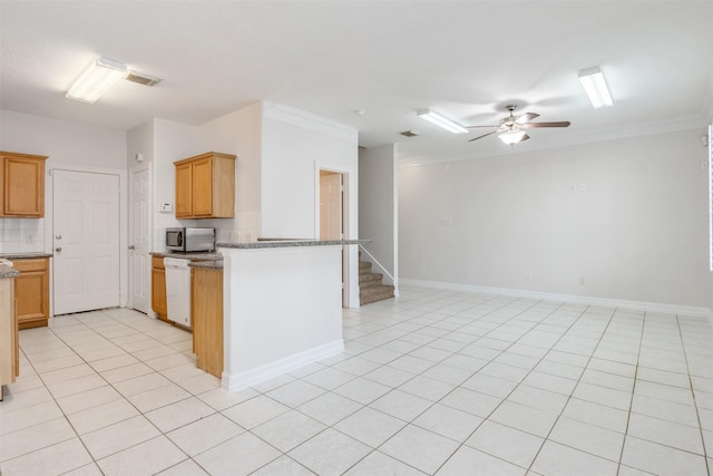 kitchen with dishwasher, crown molding, ceiling fan, light tile patterned floors, and kitchen peninsula