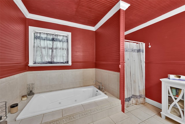 bathroom with tile patterned flooring, separate shower and tub, and crown molding