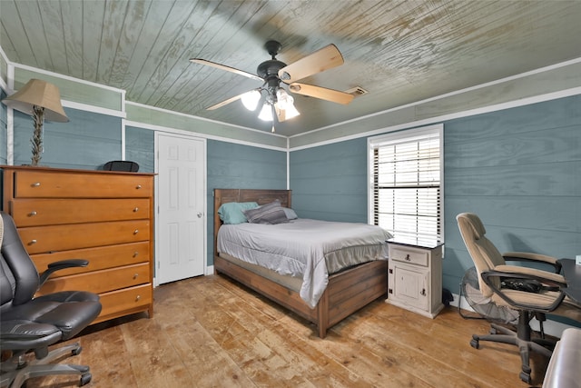 bedroom featuring light hardwood / wood-style floors, ceiling fan, wooden walls, and wood ceiling