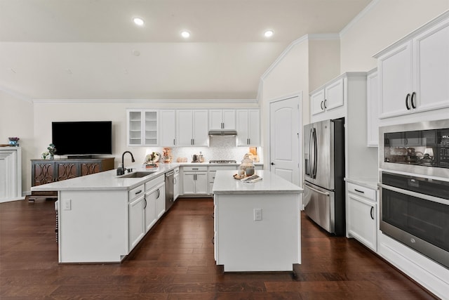 kitchen with dark hardwood / wood-style floors, a kitchen island, sink, and stainless steel appliances