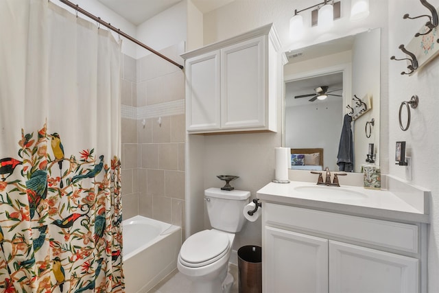 full bathroom featuring ceiling fan, vanity, shower / tub combo, and toilet