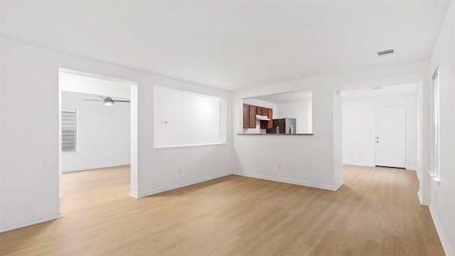 unfurnished living room with light hardwood / wood-style flooring and ceiling fan