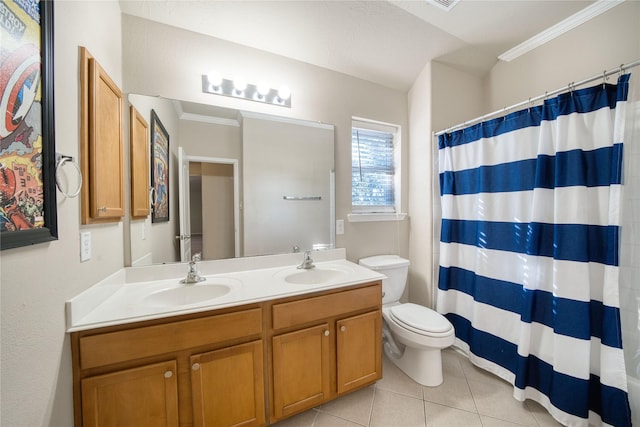 bathroom featuring tile patterned flooring, toilet, walk in shower, vanity, and ornamental molding